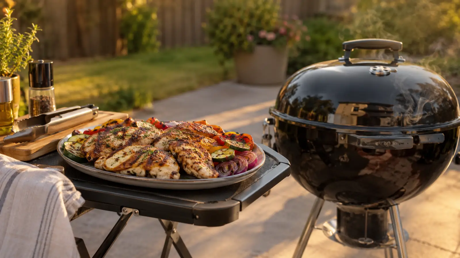 A platter of grilled chicken and vegetables on a fold-out patio prep table beside a charcoal kettle grill.