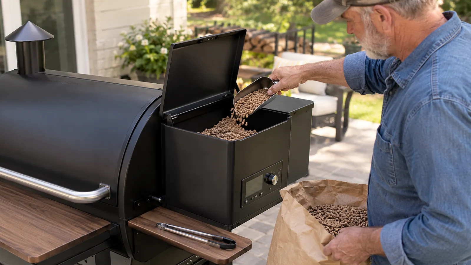 A man's hand adding wood pellets to the hopper of the pellet grill