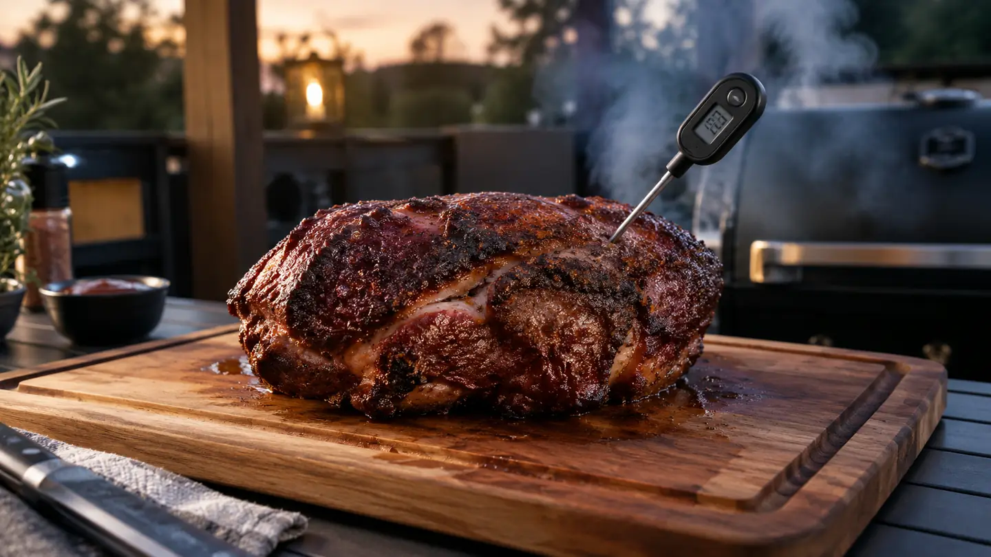 A cooked pork shoulder resting on a cutting board with a digital meat probe inserted