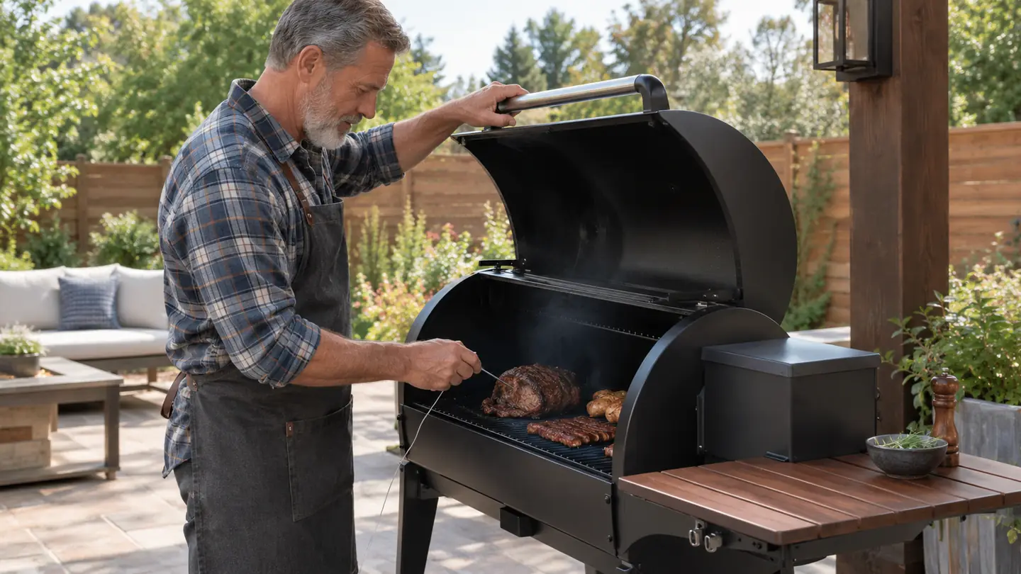 A man in his sixties opening the lid of the pellet grill to check on meat, using the side shelf