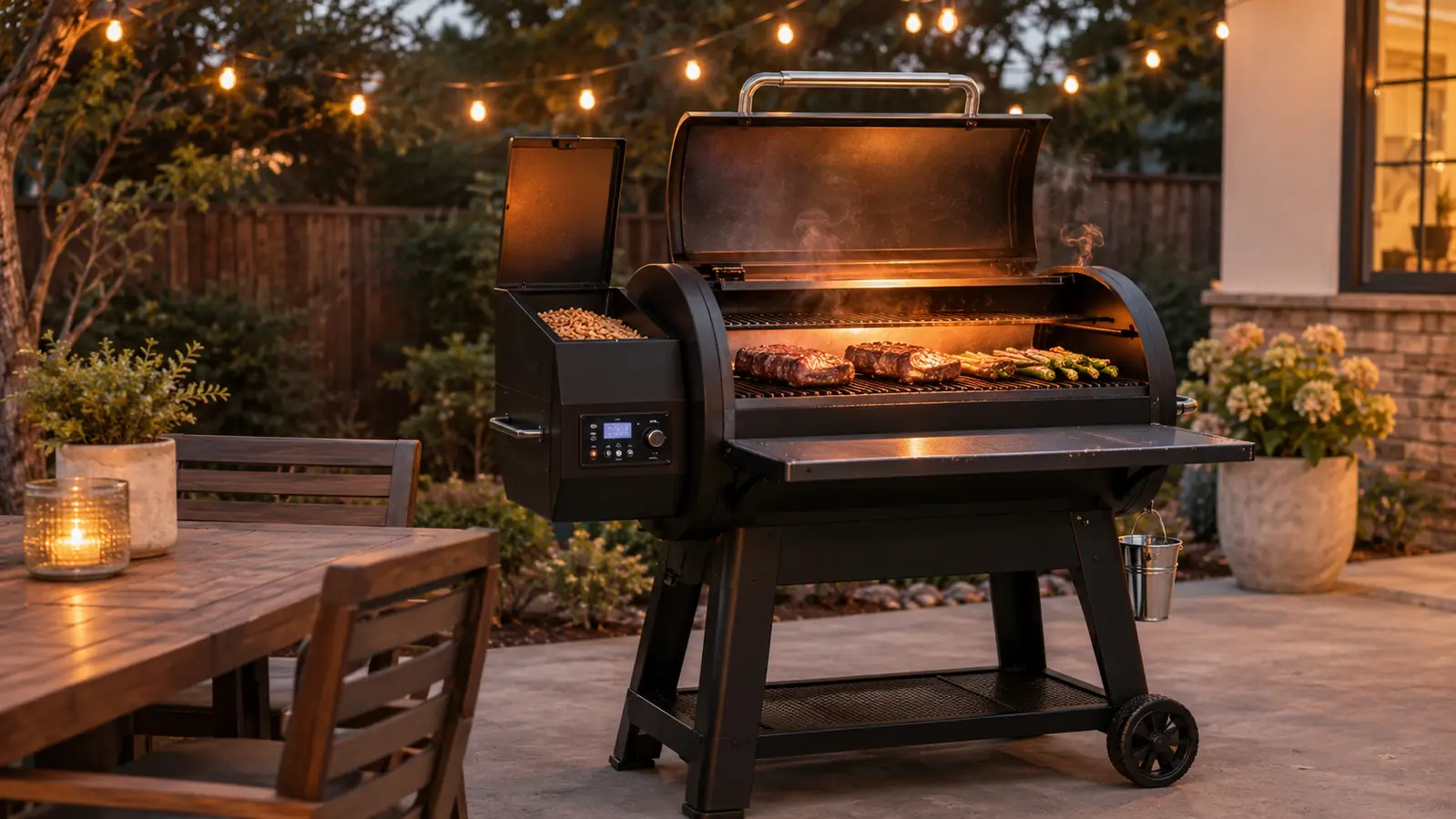 The pellet grill on a patio at dusk with the hopper lid open and a gentle warm glow from the grill