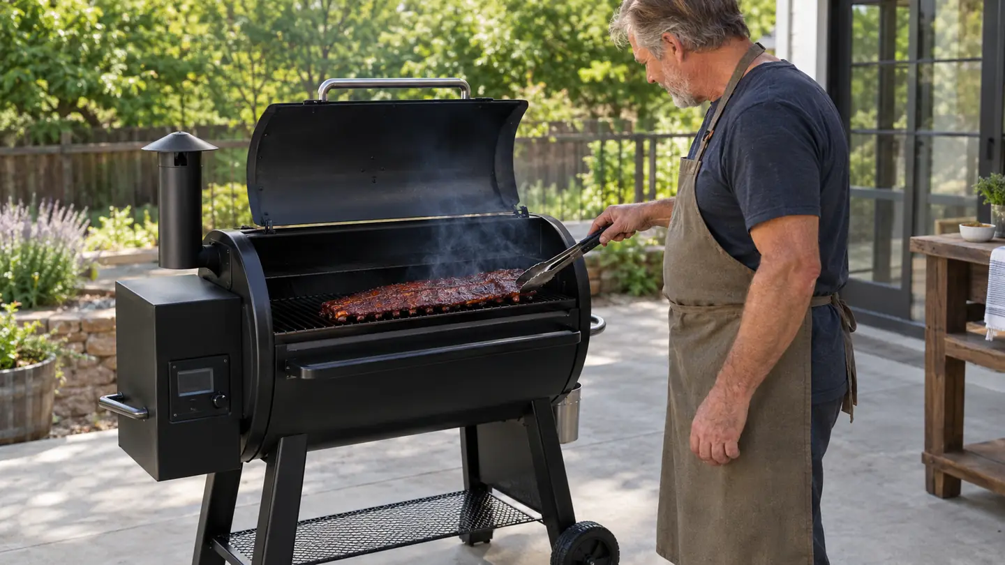 A man in his sixties opening the lid of a pellet grill to check a rack of ribs, smoke drifting upward