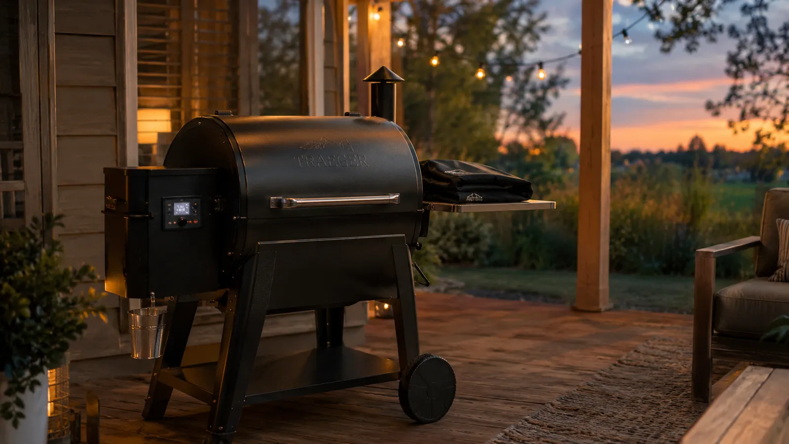 A pellet grill on a covered patio at dusk with the lid closed and a rain cover folded on the side shelf