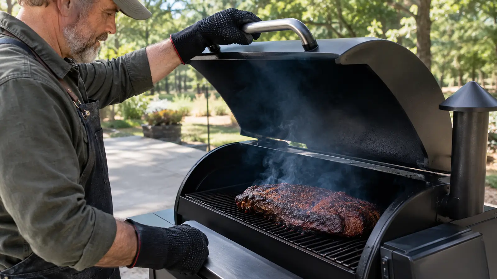 A gloved hand opening the lid of a pellet grill to check a brisket, thin blue smoke rising