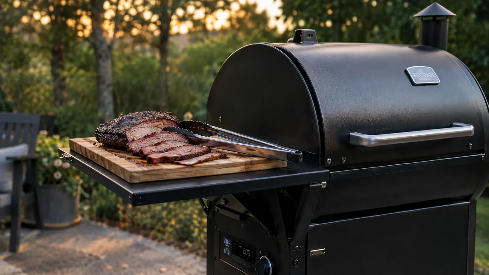 A foldable shelf on a pellet grill holding a wooden cutting board with sliced brisket, soft evening light
